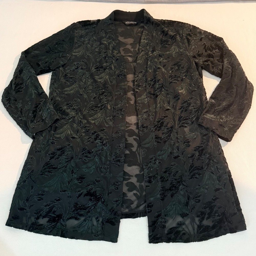 Susan Graver Occasion Cardigan MP Black Velvet Burnout Glitter Open Front Kimono - Picture 3 of 16